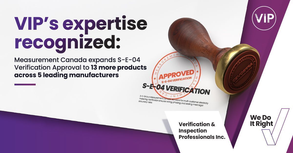 A decorative banner showing an ink stamp of Measurement Canada Approval for S-E-04 verification.