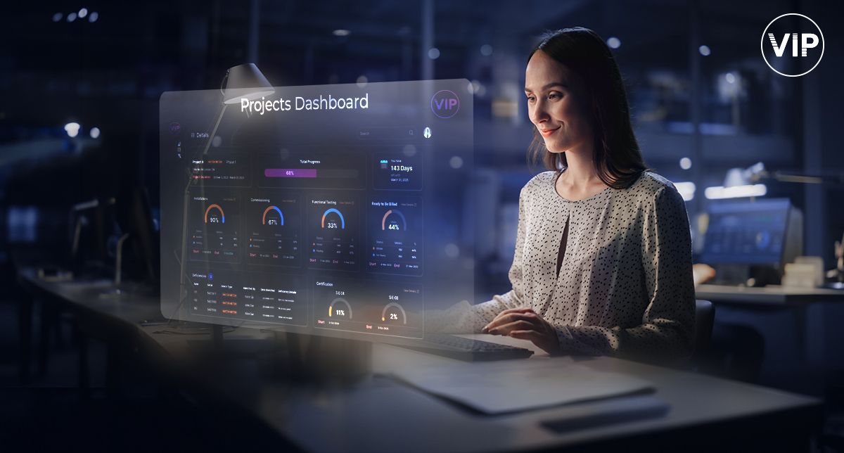 A woman viewing a desktop and an overlay of a VIP graphic is shown for Sub-Metering Projects..