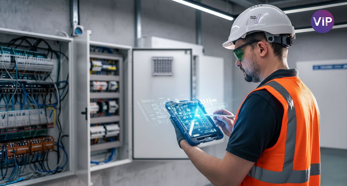 An electrician studying schematics to integrate smart meters with an existing building system