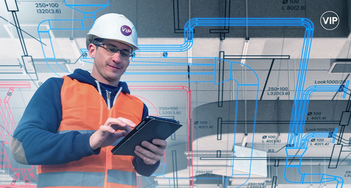 An image of an engineer in an orange vest with schematics overlaid for how to design a sub-metering system